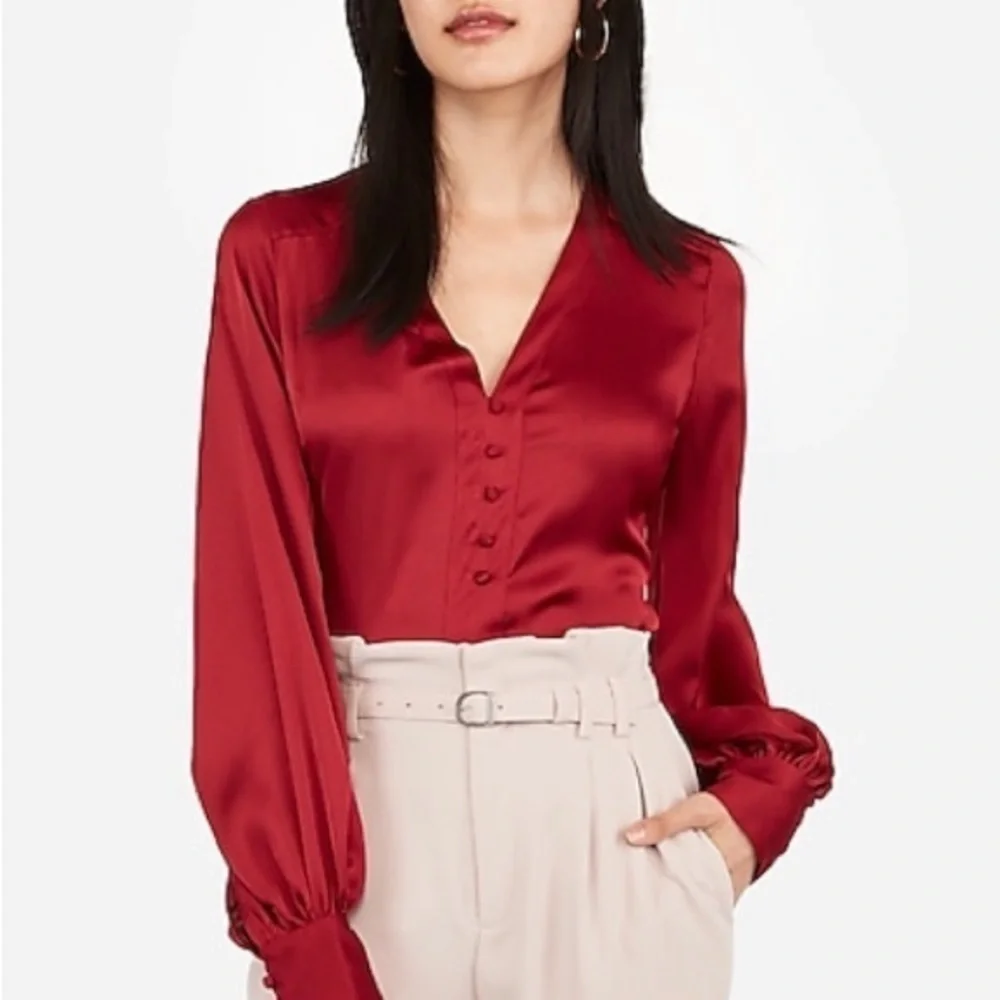 Express Satin Silky V neck Button Detail Balloon Sleeve Blouse Top Crimson Med